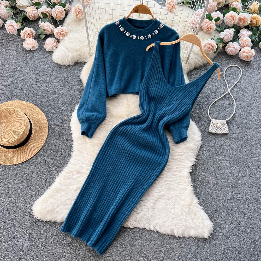 New Autumn Fashion Knitted 2 Piece Set Women Breading Long Sleeve Pearl Top+Knitted Camis Dress Female Sweater Suits 2026 Korea