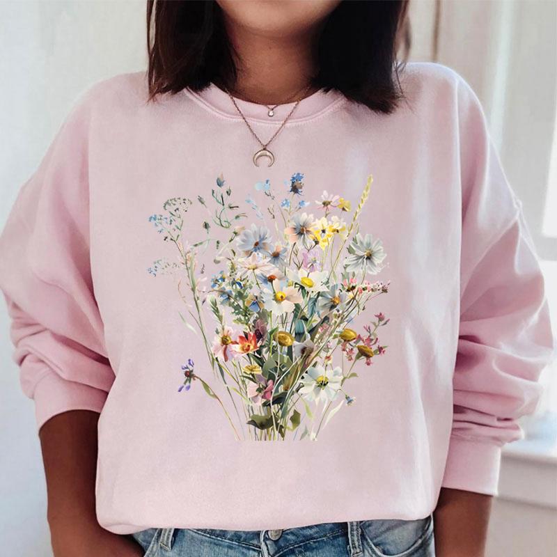 New Flower Hoodies Women Floral Oil Painting Y2K Sudaderas Long Sleeve Round Neck Vintage Boho Wild Flower Woman Sweatshirts