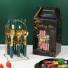 Set di Posate da 24 Pezzi in Acciaio Inossidabile con Manici a Fantasia Marmo e Porta Posate: Include Coltello da Bistecca, Forchetta, Cucchiaio e Cucchiaino.