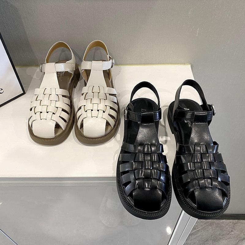 Mode Damen Sandalen Baotou Einzeilige Schnalle Niedrigen Absätzen Sandalen Damen 2024 Sommer Geflochtene Römische Damenschuhe Flache Damen Sandalen