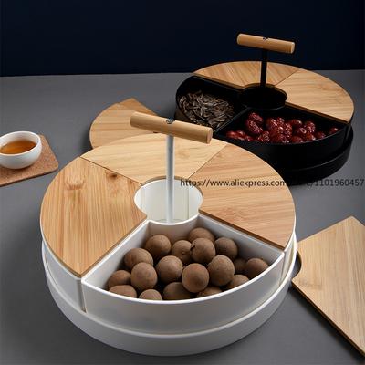 Assiette à fruits style japonais Boîte à snacks fruits secs bonbons Partition créative Couvercle en bambou Boîte à fruits secs portable