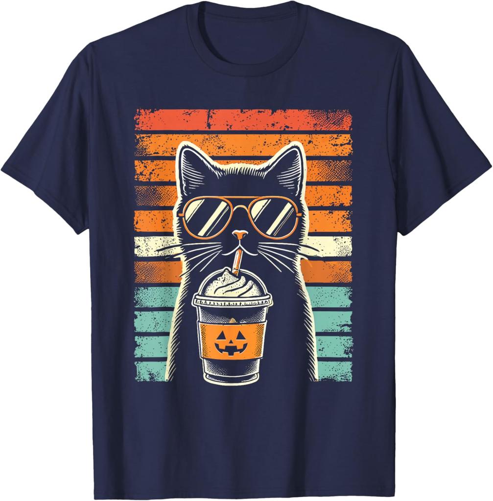 Black Cat Pumpkin Spice Latte Hipster Graphic Tee Retro Distressed TShirt Casual