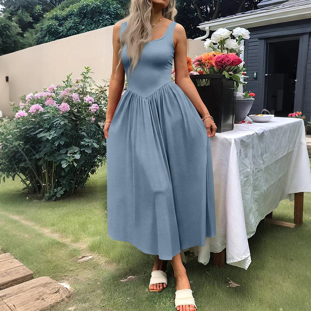 Women's Casual Dress With Square Neck, Long Sleeveless Maxi Dress For Daily Life, Women's Summer Dress