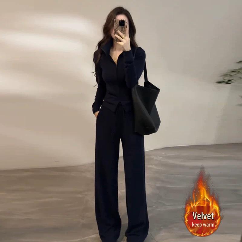 

Korean Style Slimming Hoodie & Wide Leg Pants Sports Two-Piece Set for Women - 2026 Collection L