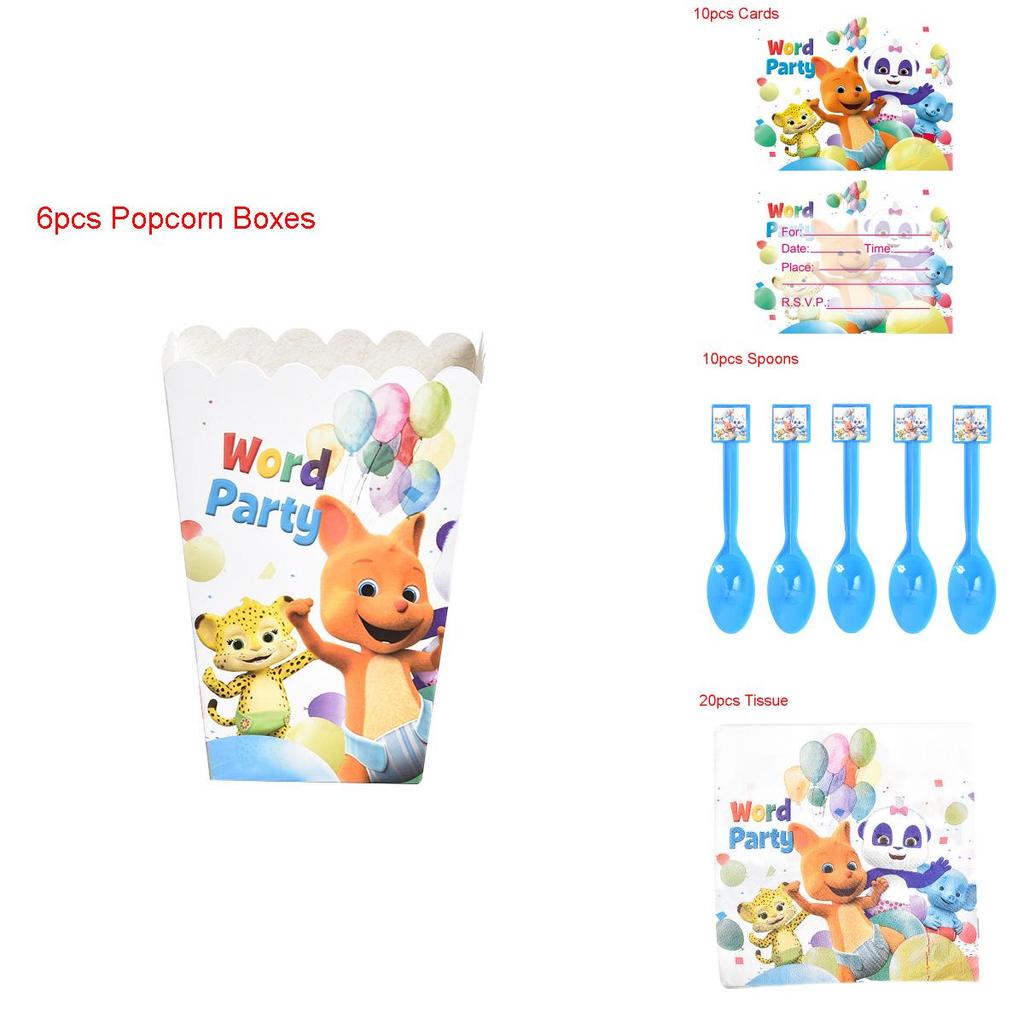 Sada party potřeb na téma Word Party s barevnými talíři, kelímky a nápisem Všechno nejlepší k narozeninám pro dětské oslavy