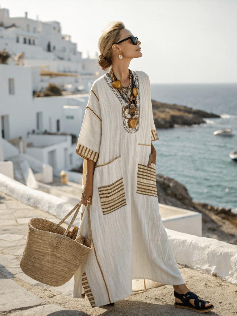 3D digital printing V-neck five-quarter sleeve long pocket Kaftan dress