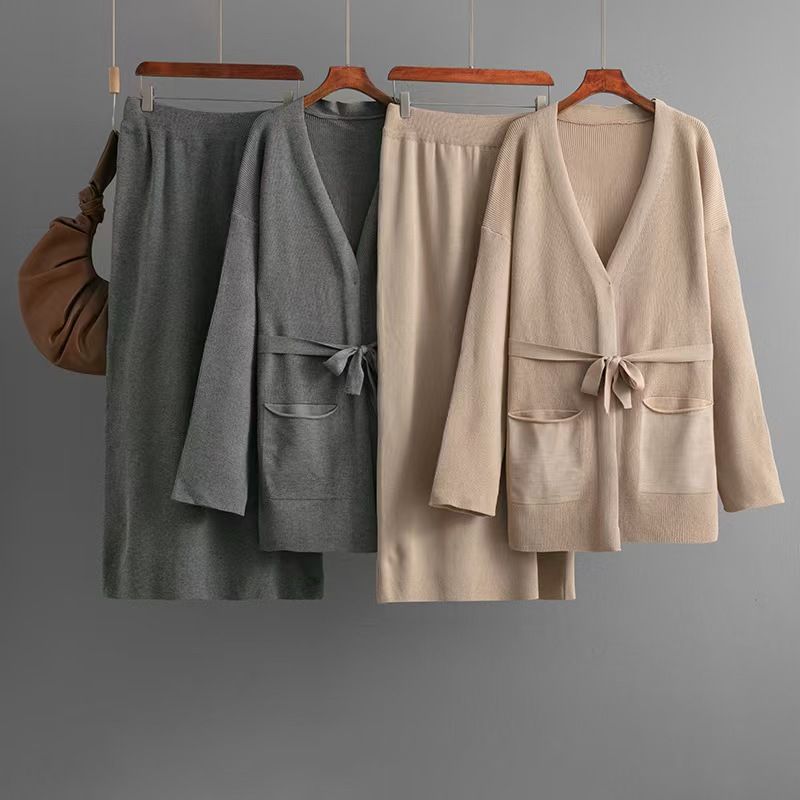 Fashion Wind V-neck Lace-up Knitted Cardigan Top Skirt Suit Knitted Top and Skirt Set