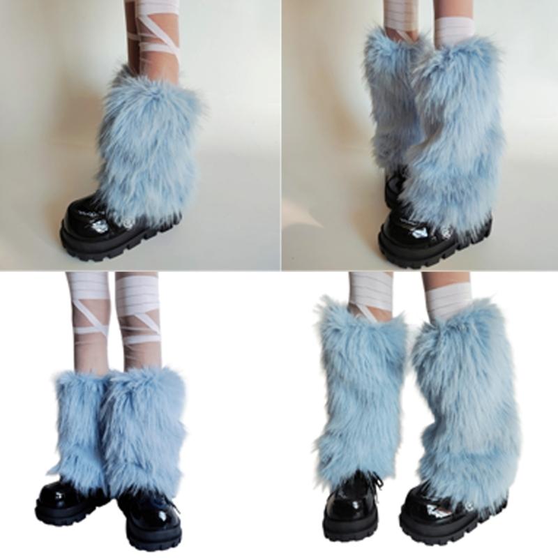 Plush Furry Leg Warmers for Women Cozy Winter Boot Toppers Thermal Warm Blue Fuzzy Foot Covers Footless Socks Gaiters