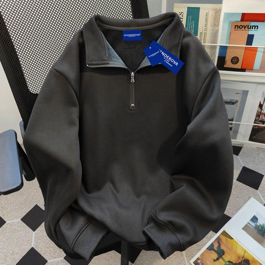 Women's American Retro Cotton Half-Zip Polo Hoodie with Velvet - Autumn/Winter Fashion Trend
