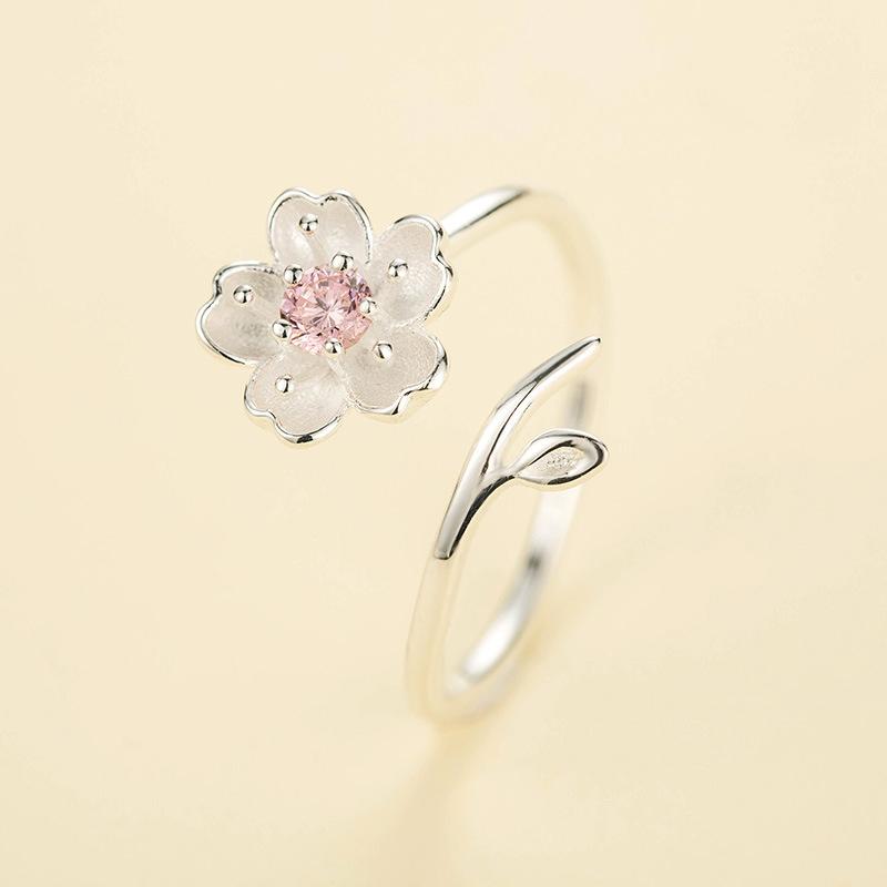 New Arrivals 925 Silver Rings for Women Adjustable Size Ring Pink Zircon Cherry Blossom Ring