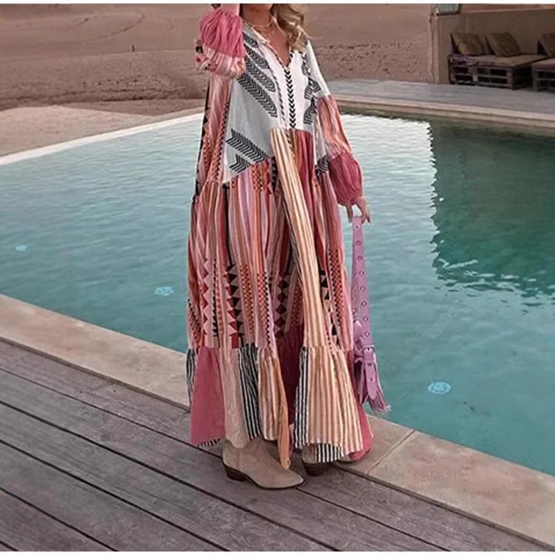 Women's Vintage Print Ethnic Style Long Puffed Sleeve Holiday Commuter Dress