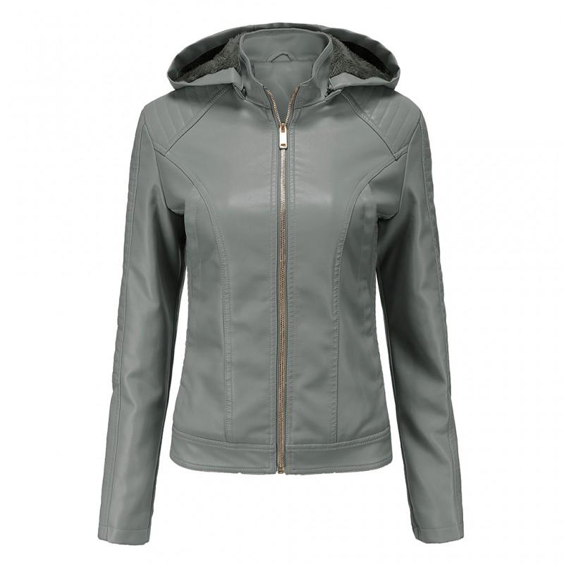 Womens Plus Size Faux Leather Hooded Jacket Warm Casual Short Coat Fall Winter