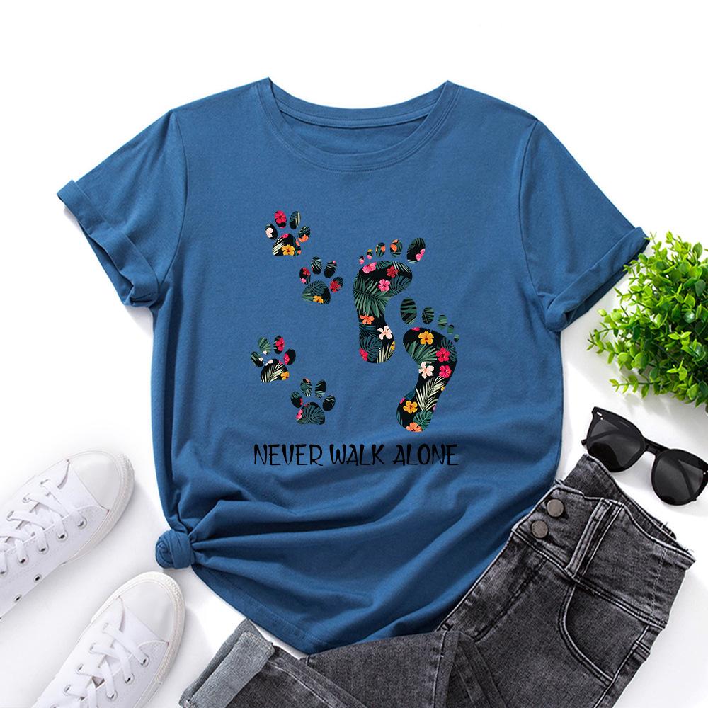 Never Walk Alone Cotton T-Shirt Short Sleeve Round Neck Women 2d Print Tops