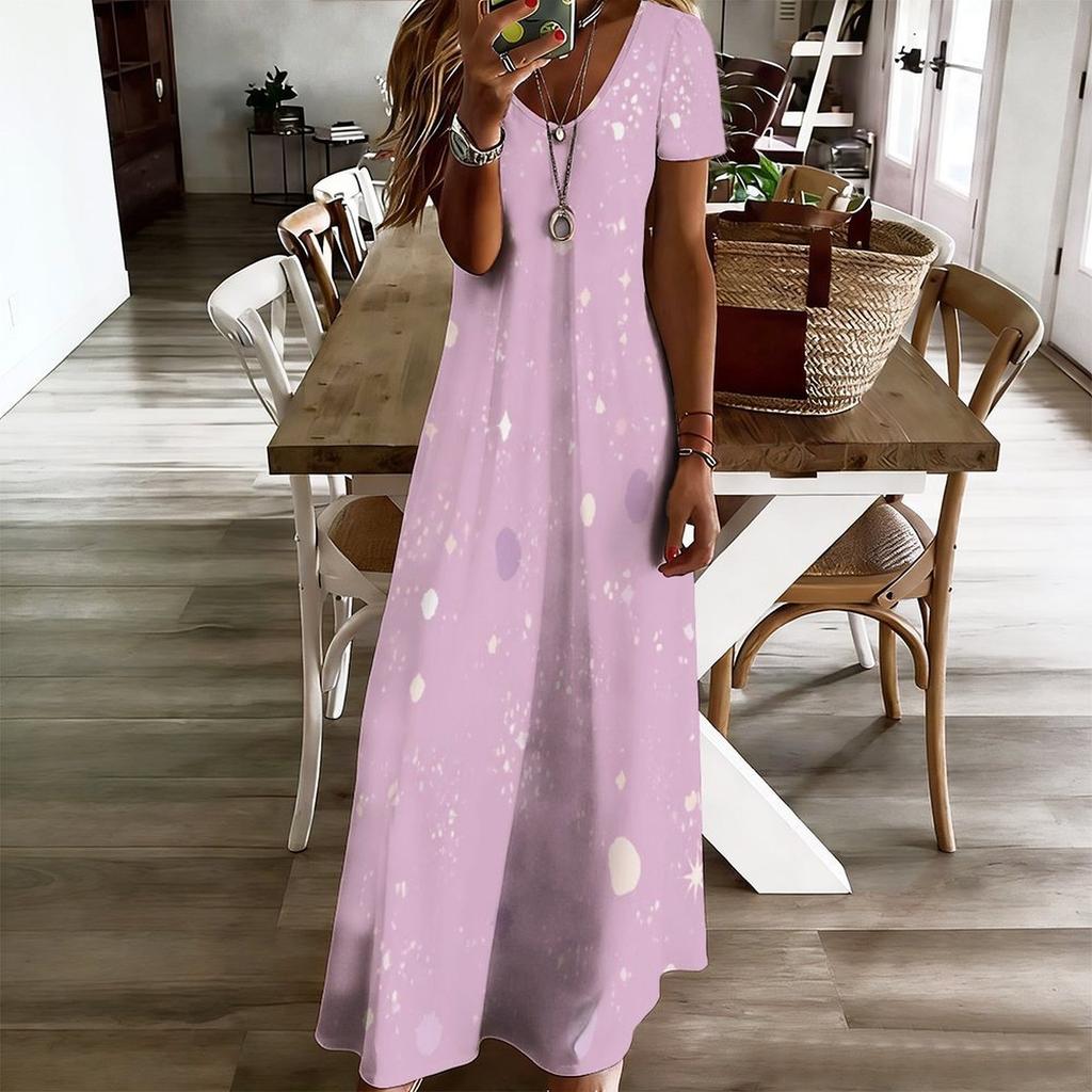Women Plus Size V Neck Short Sleeve Printed Light Purple Straight Maxi Dress