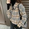 Korean Retro Plaid Striped Long Sleeve Shirt - Cozy Brushed Layer