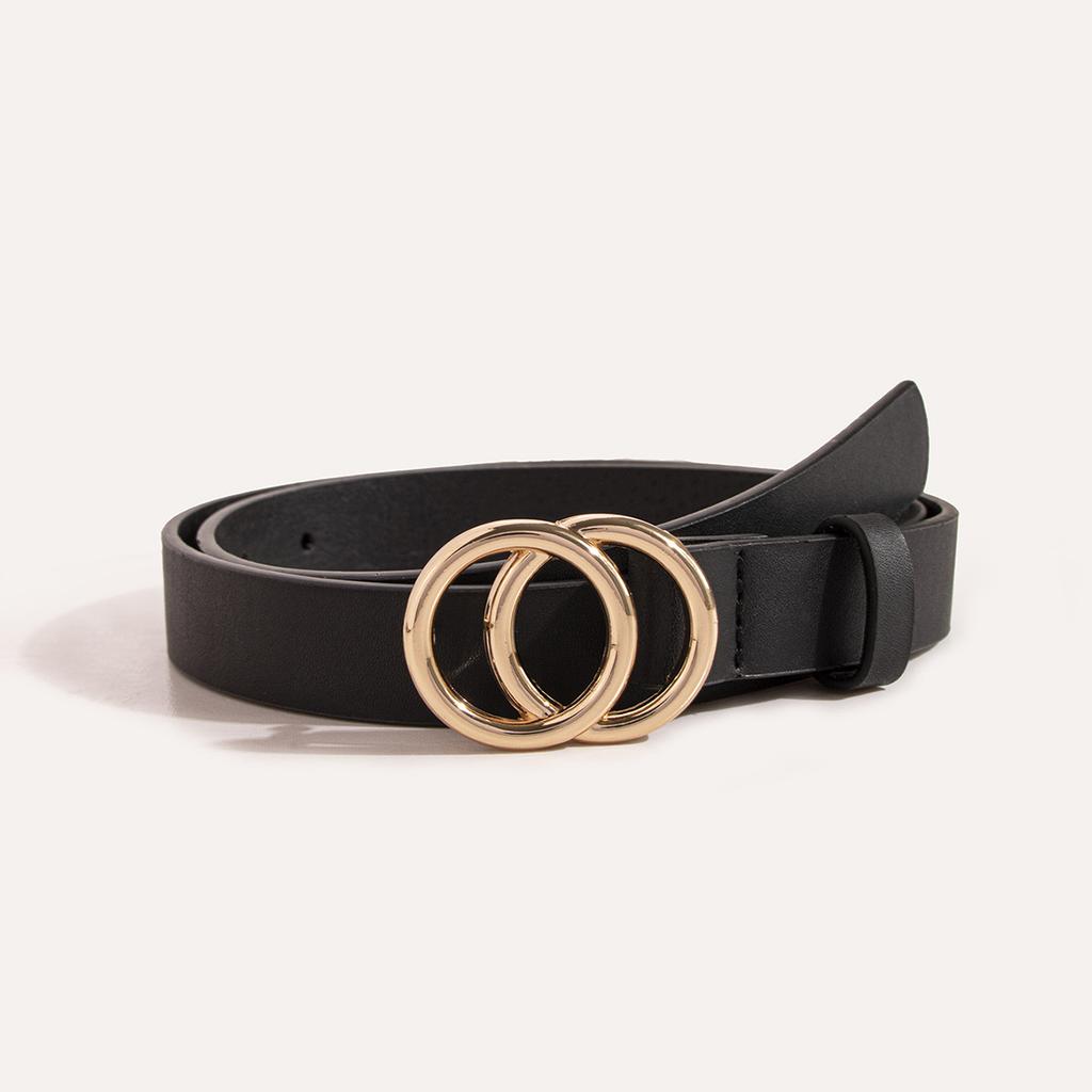 Double-loop Buckle Versatile Women's Belt, Basic PU Imitation Leather Fashionable Double-loop Buckle Flat Belt