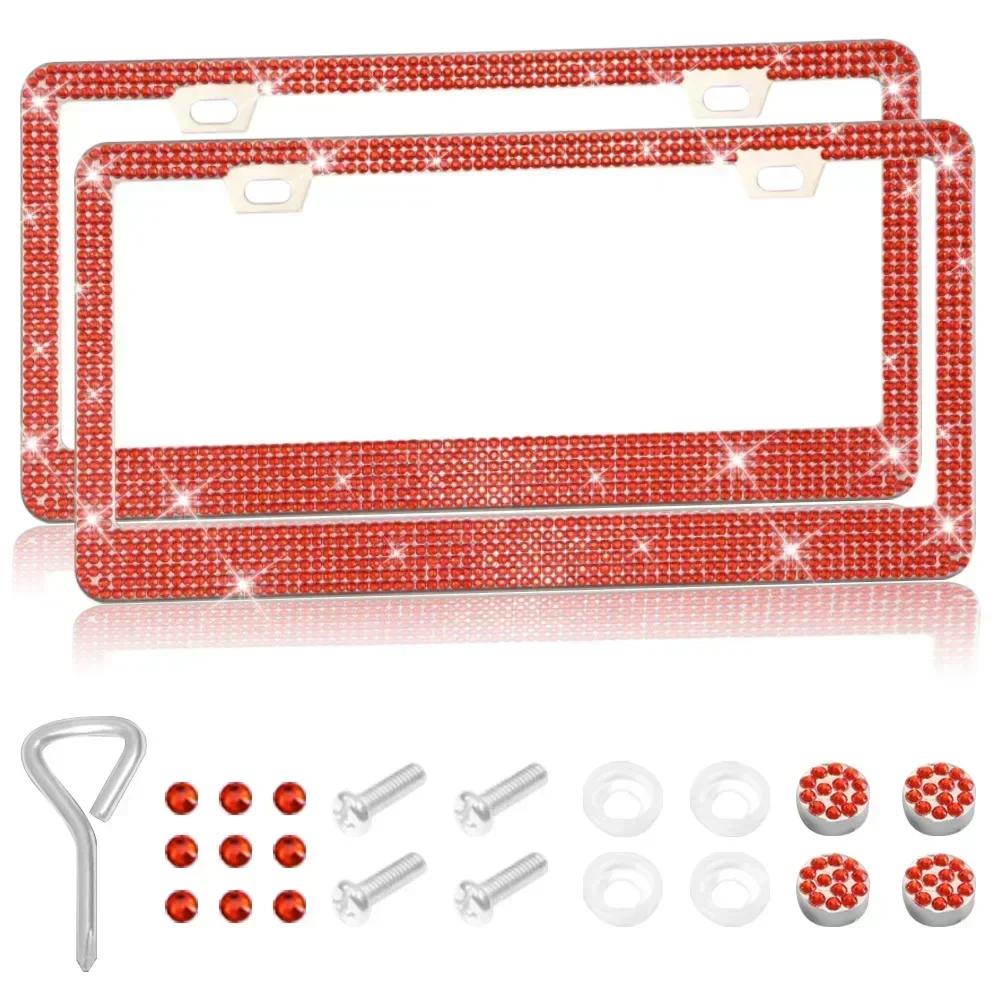 1/2pcs Bling Crystal License Plate Frame Luxury Car Frame Plate with Button Diamond Car License Plate Frame Cover for Women