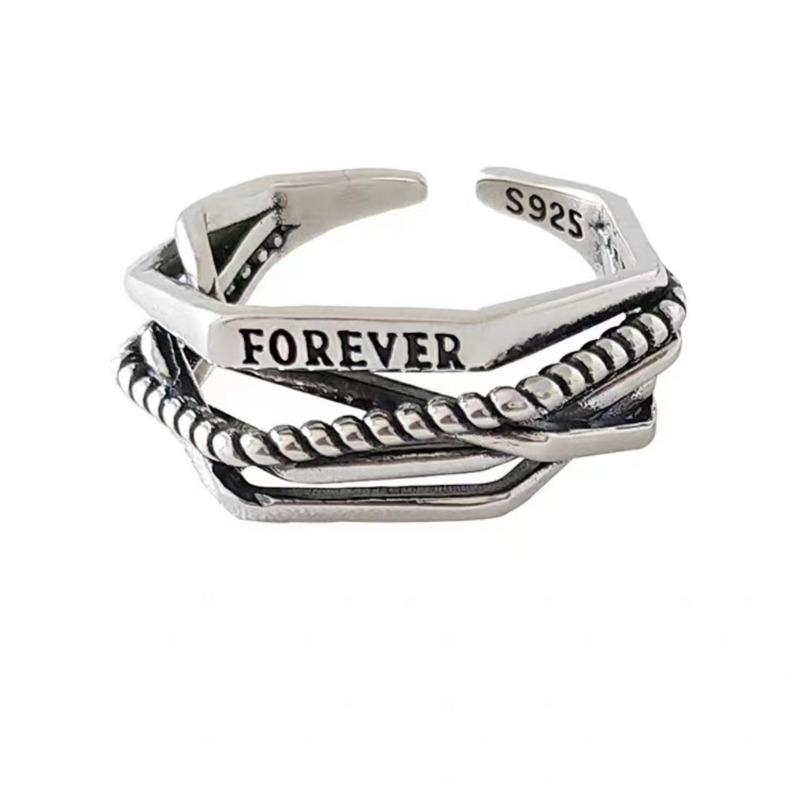 BELLA BOX Vícevrstvý prsten s překříženými liniemi a nápisem Eternal, korejská verze, imitace stříbra S925, thajské stříbro, trendový prsten na ukazováček, otevřený prsten pro ženy