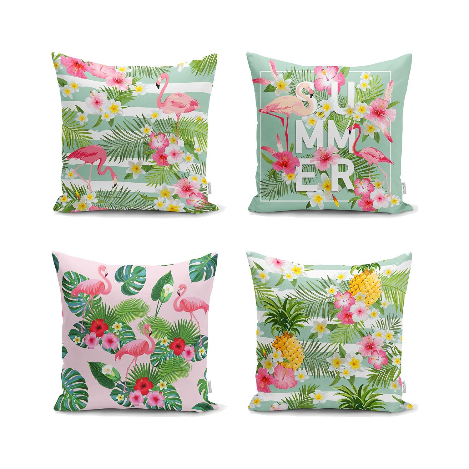 

Набор наволочек с 4 подушками в цветочной тематике с изображением фламинго