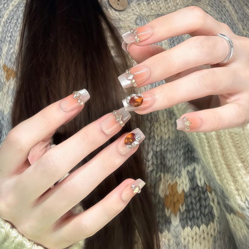 Princess of a Thousand Gold: Autumn/Winter Cat Eye Coffee Brown Luxury Handmade Nail Stickers with Sparkling Diamonds