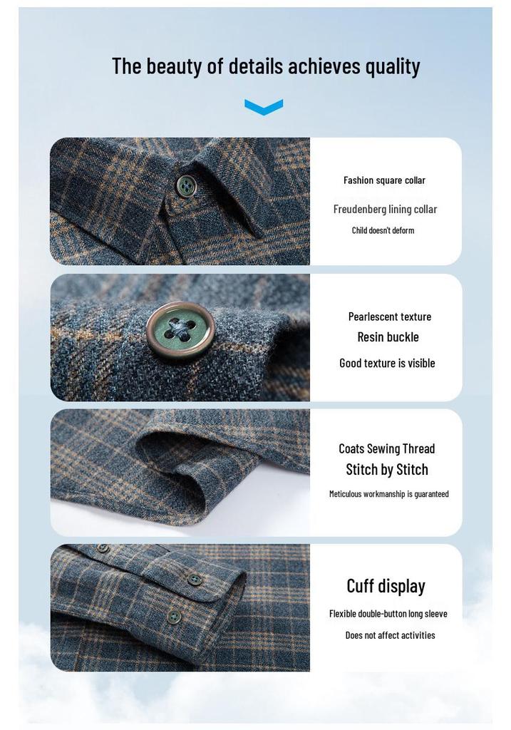 Men's Long Sleeve Brushed Plaid Cotton Shirt - Casual Thickened Shirt for Middle-Aged Dads