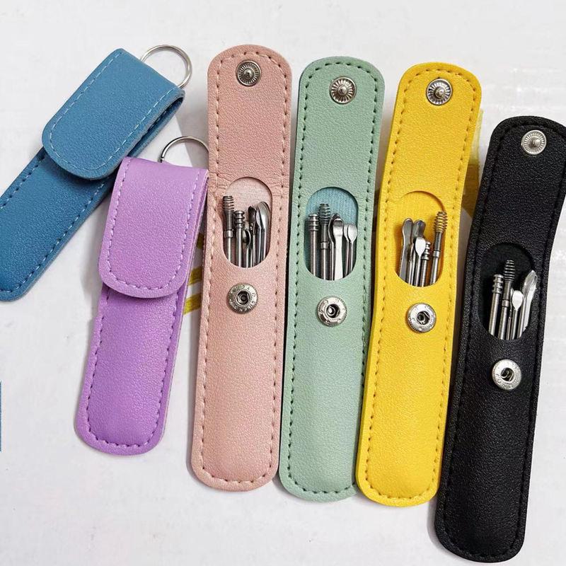 Six-Piece Stainless Steel Ear Cleaning Set with Spring Spiral Tools & Leather Case