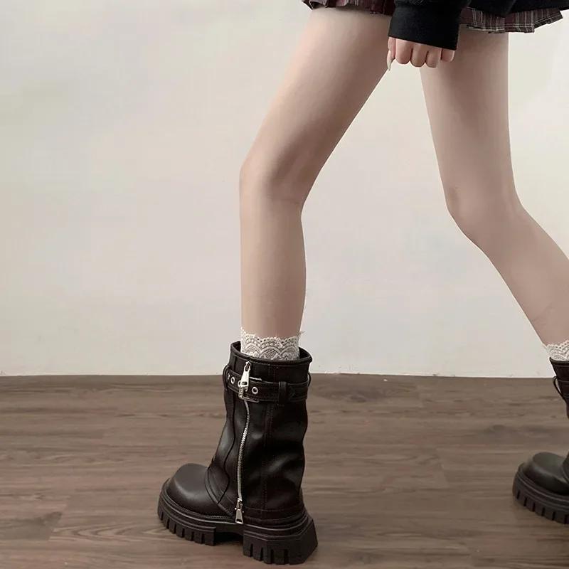 Women's Mid-Calf Boots Fashion Belt Buckle Ladies Shoes Women's Knight Booties Elegant Platform Flats Short Booties Casual Shoes