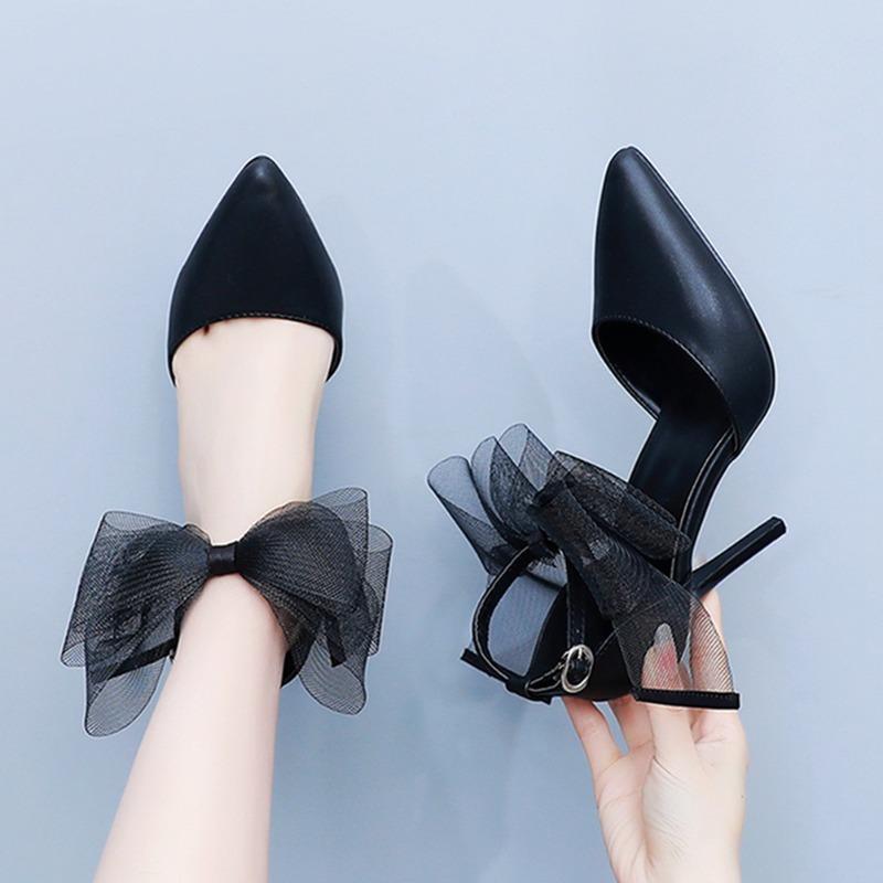 9cm Lace Bow High Heels New Sexy Line with Pointed Thin Head Pumps Girl Baotou Sandals Women