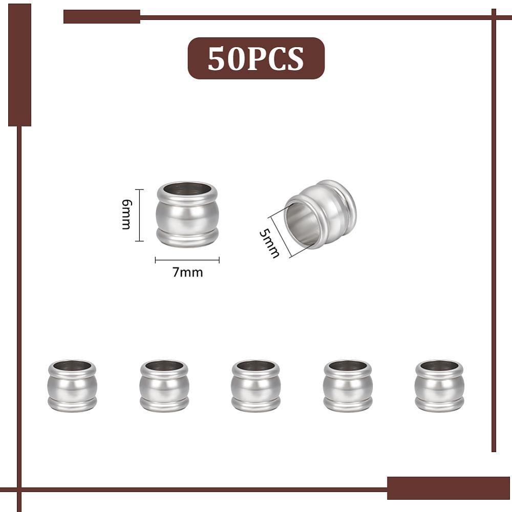 50Pcs 201 Stainless Steel European Beads, Large Hole Beads, Column, Stainless Steel Color, 7x6mm, Hole: 5mm