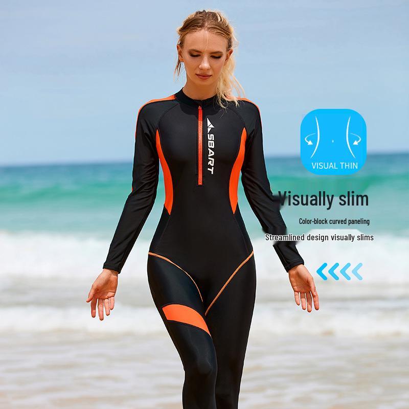 Long Sleeve Women's One-Piece Swimsuit with Chest Pads, Slimming Effect, Perfect for Surfing and Hot Springs