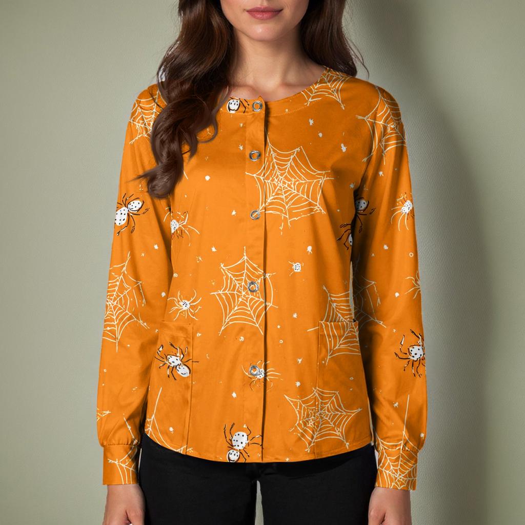 Women's Halloween Print Long Sleeve Cardigan Top with Single Button Front for Caregiver Uniform