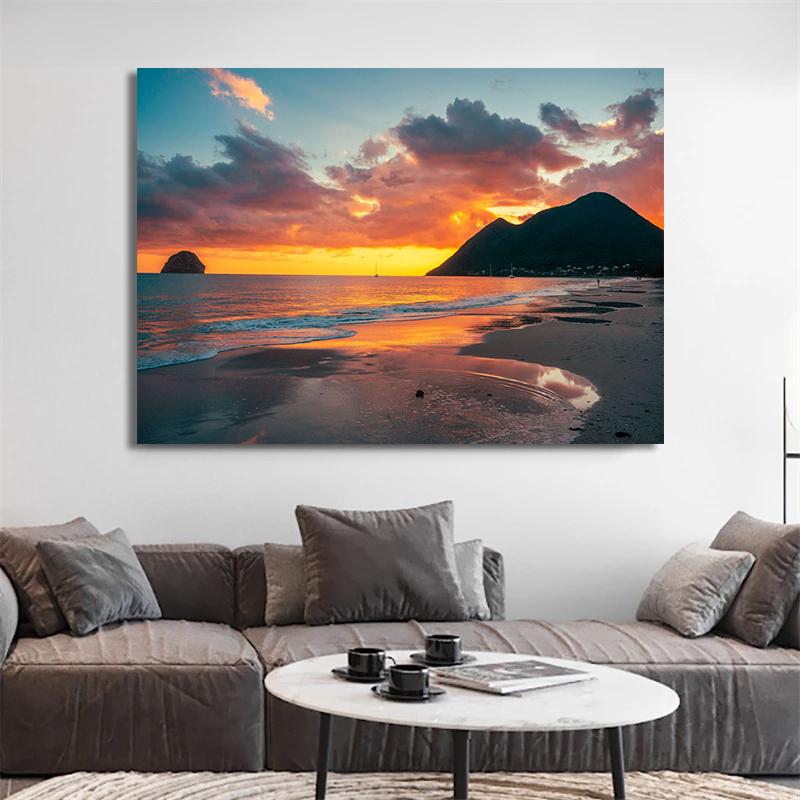 Caribbean Sunset Pink Sky Beach Sea Ocean Wave Canvas Wall Art Poster Bridge Palm  Print Painting Summer Home Decoration Gift