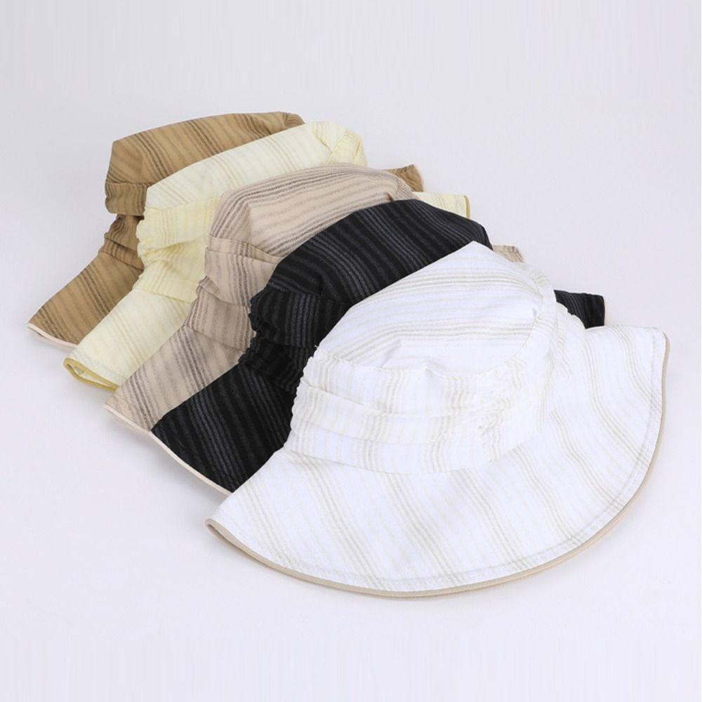 Fashion Pleated Bucket Hat Breathable Striped Sun Protection Hat Foldable Wide Brim Hat Summer
