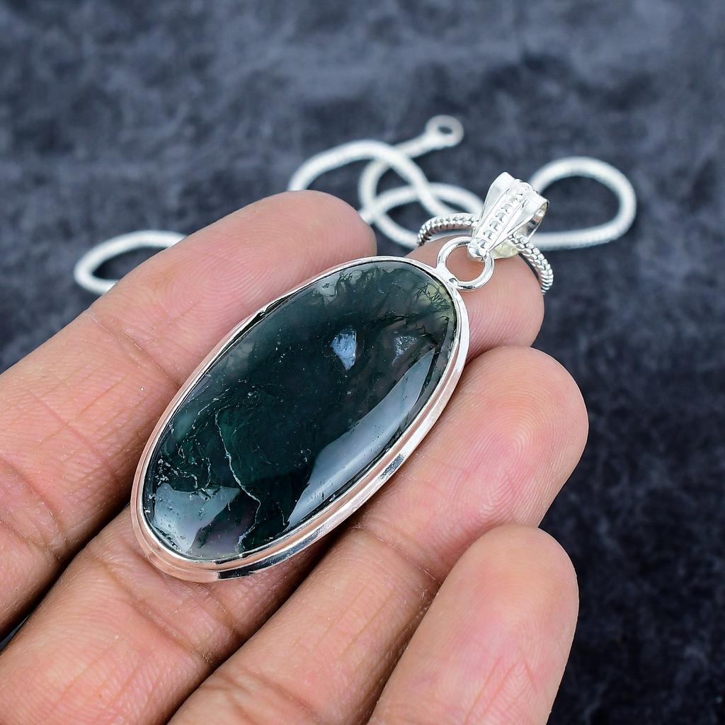 Indian Moss Agate Gemstone 925 Sterling Silver Jewelry Pendant 2.29" M-2876