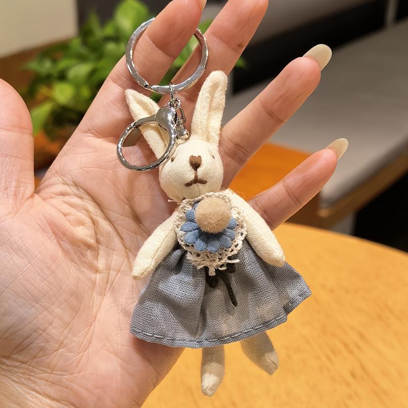 Cute Fabric Bunny Bag Charm, Handmade Plush Rabbit Keychain with Flower Dress & Braided Rope