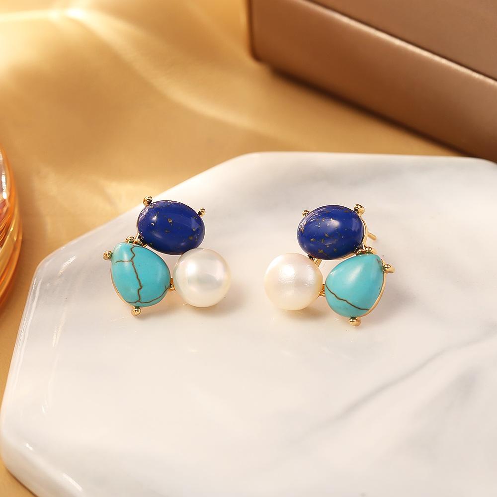 Natural Lapis Lazuli Geometric Pearl French Elegant Temperament High-end Silver Needle Earrings for Women .