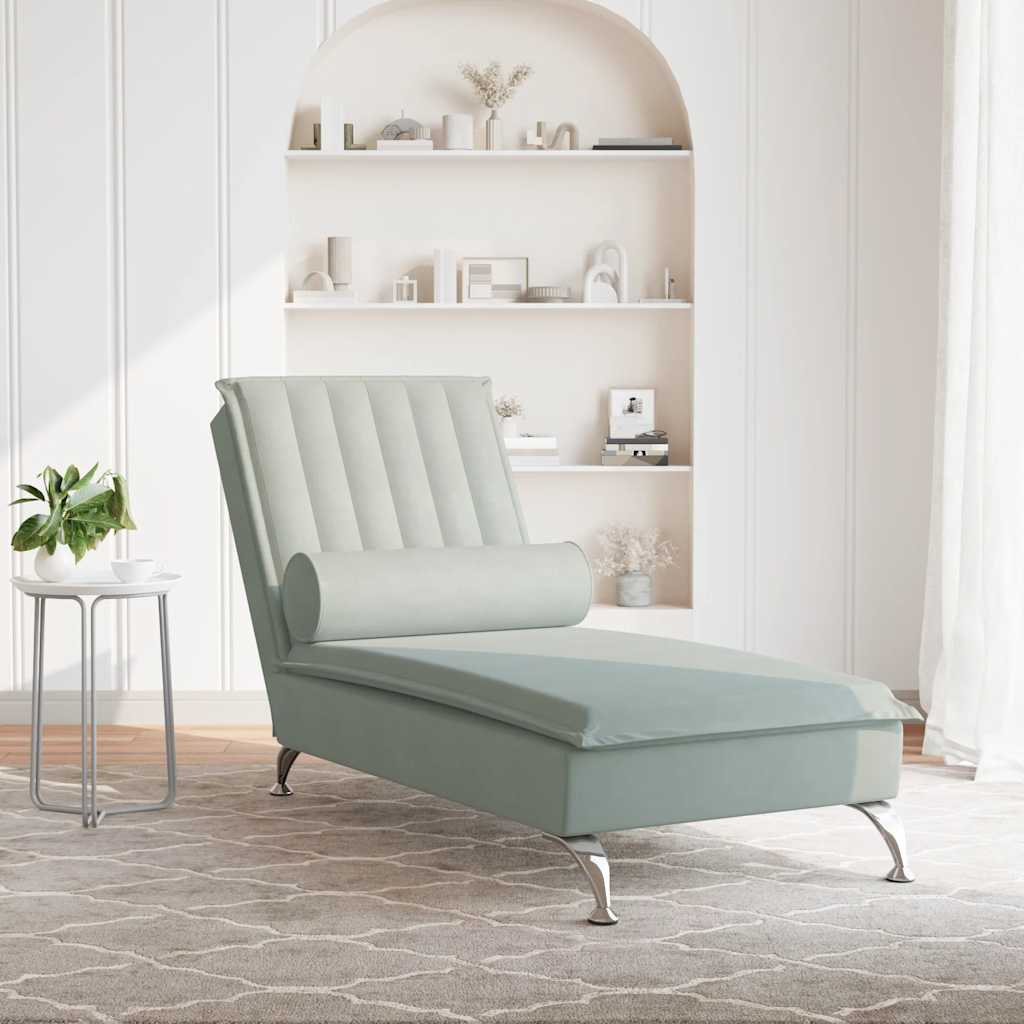Massage Chaise Lounge with Neck Roll Light Grey Velvet