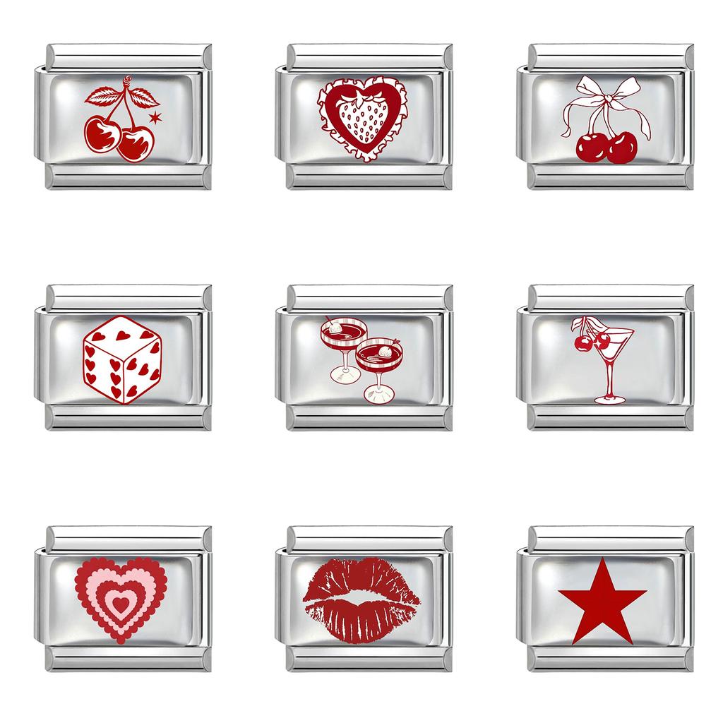 1 Piece 304 Stainless Steel Fashion Red Italian Charm Links For DIY Bracelet Jewelry Making Fit 9mm Rectangle 10mm x 9mm