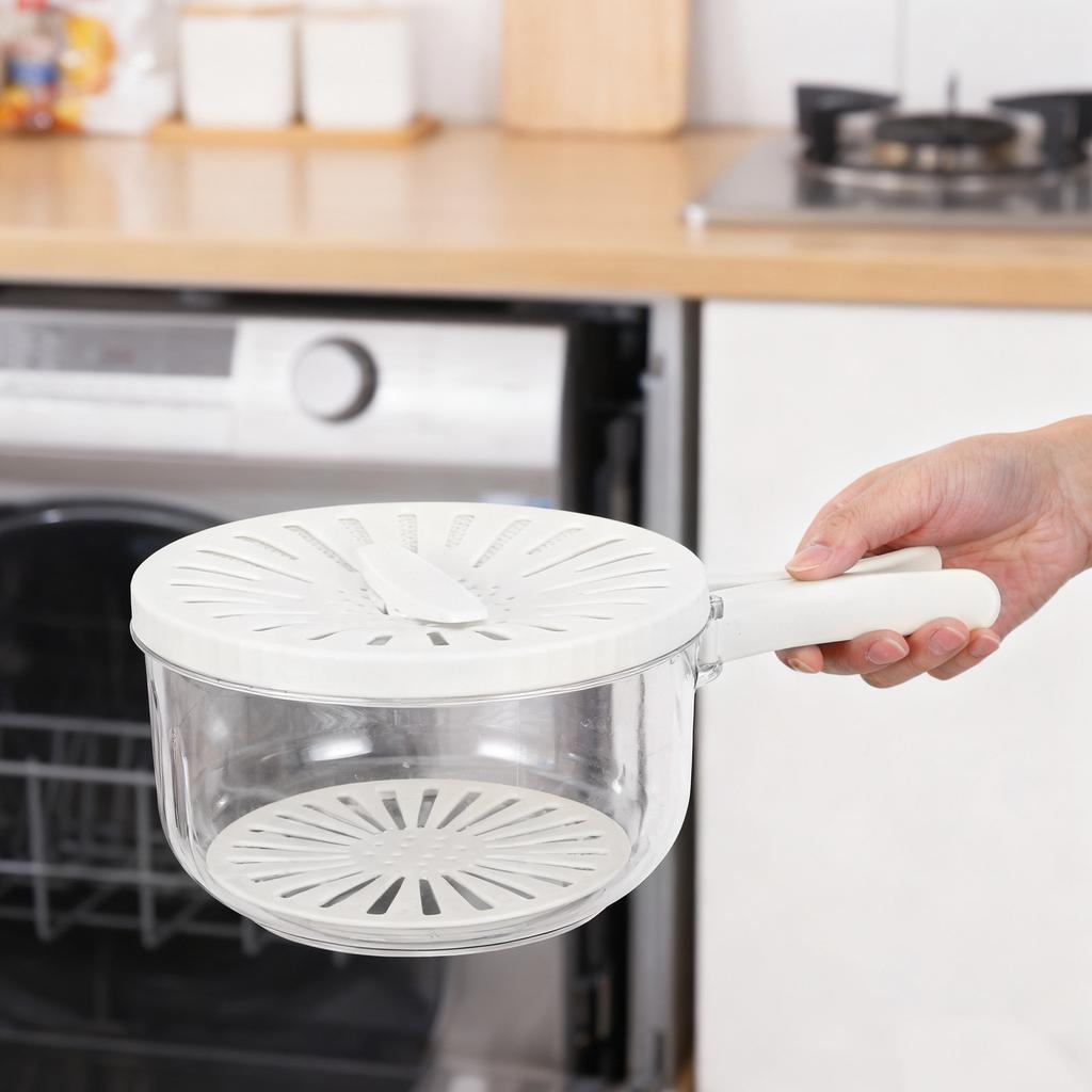 Double Layer Fruit Drainer Basin Beige Foldable Handle Plastic Vegetable Washing Basket Kitchen Fridge Storage Container