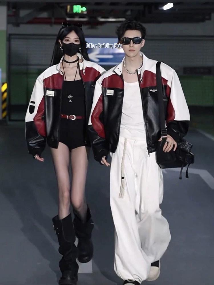 Stylish Men's Red Patchwork Leather Motorcycle Jacket - Spring/Autumn Retro Couples' Design