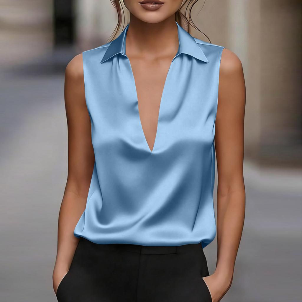 Blusa da Donna Colorata in Raso con Scollo a V e Senza Maniche per la Sera