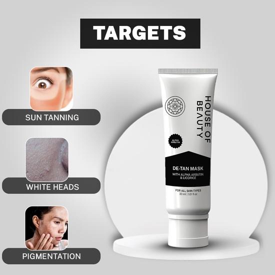 HOUSE OF BEAUTY De Tan Mask with Fuller's Earth and Alpha Arbutin Reduce White Heads , Dark Spots and Pigmentation, Provide a Glowing Skin(30 Ml)