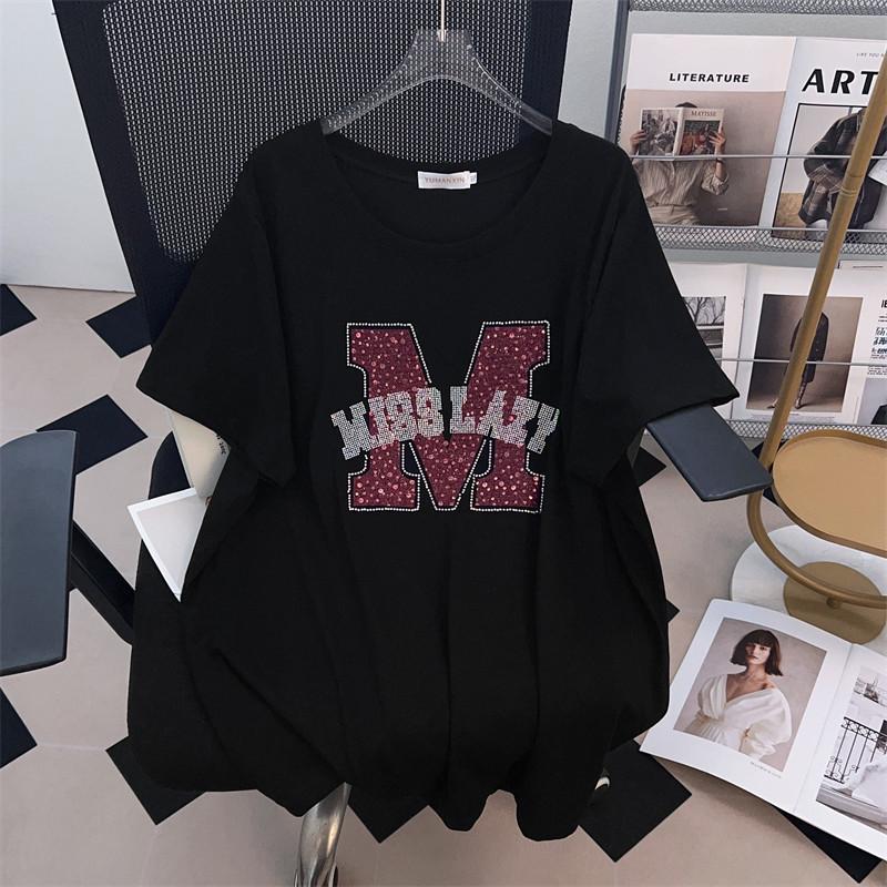 Women's Plus Size Loose Fit Round Neck Short-Sleeve T-Shirt, Mid-Length Style (200/300/350 Jin)