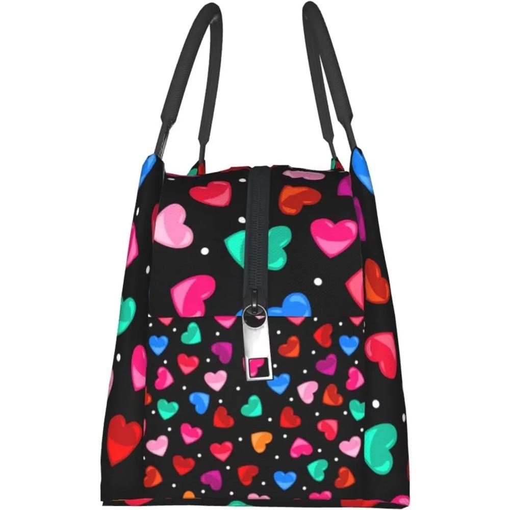 Red Heart Pattern Valentine's Day Lunch Bag Portable Reusable Insulated Lunch Box for Women Men Tote Bag for Work Travel Picnic