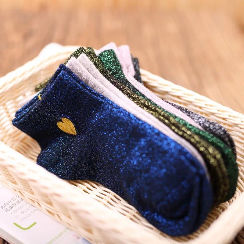 Women Embroidery Love Heart Glitter Socks Fashion Funny Gold Silver Silk Colorful Shining Sokken Shiny Calcetines Mujer Dropship