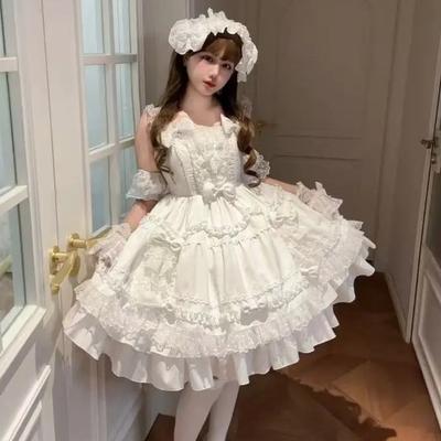 Sweet Lolita Dress Cream White Ruffle Lace Princess JSK Kawaii Bowknot Puffy Party Dress Elegant Victorian Lolita Outfit Set