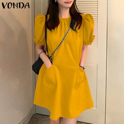 Women O Neck Short Puff Sleeve Pocket Casual Thigh Length Dress