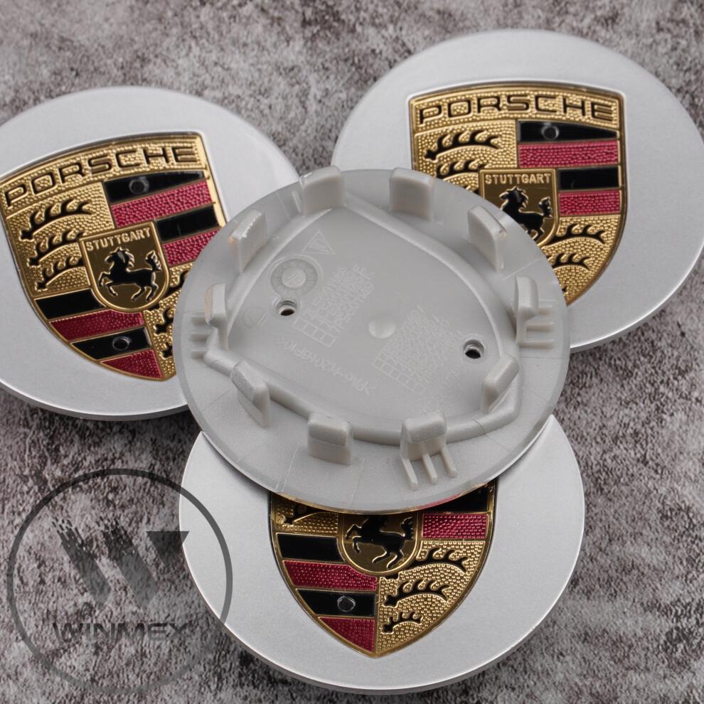 Set of 4 Silver Gold Porsche Logo Centre Alloy Wheel Caps 75mm