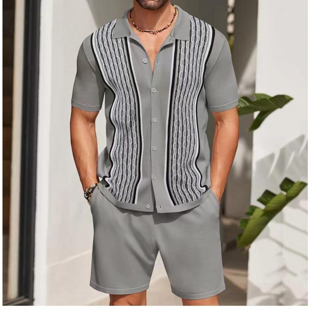 Simple Men Shirt Sets Vintage Stripe Lapel Short Sleeve Casual Shirt Beach Shorts Summer Streetwear Hawaiian Fashion Loose Suits