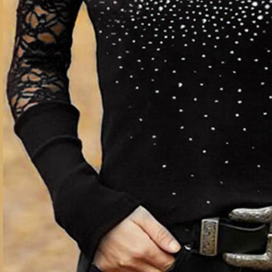 Slim Fit Long Sleeve Women Blouse Low Cut Lace Sleeve V-neck Hot Drilling Blouse Streetwear